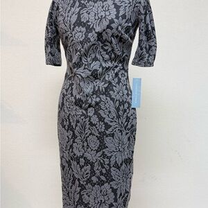 London Times Black and Gray Floral Midi Dress